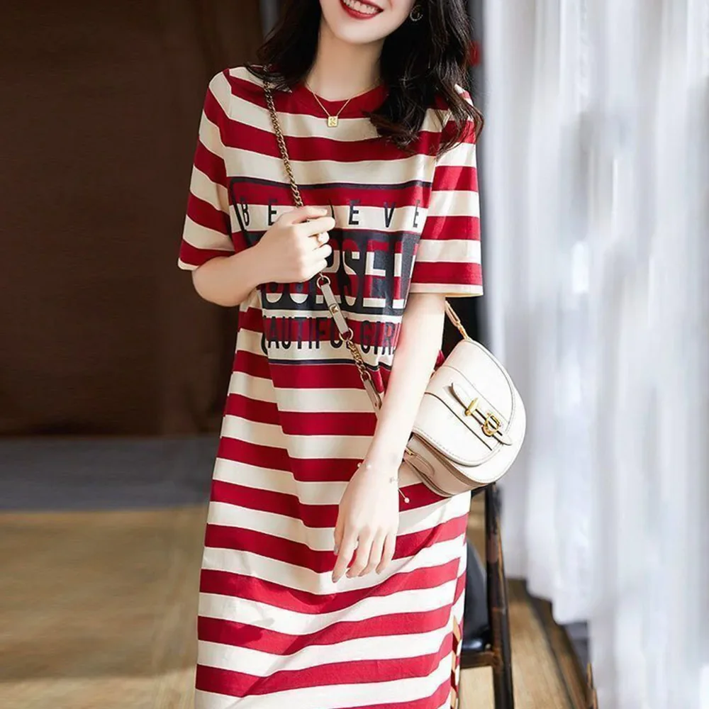 Women Dress Woman Loose Thin Dresses Striped Letter Costume for Lady Summer Femal Normal Clothes Plus Size 3xl