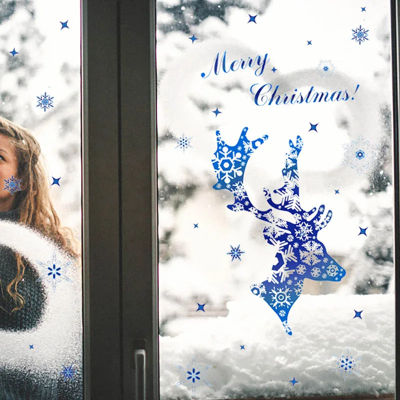 Adesivi per finestre di Natale Cervo blu Alce Fiocchi di neve Adesivi per finestre di vetro Buon Natale Decorazione per la casa Arredamento per il bagno