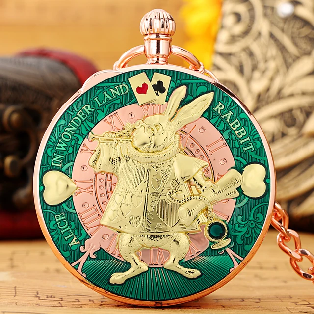 MORFONG Men's Women Quartz Pocket Watch Alice in Wonderland Series Hollow  Case Vintage Fob Watches