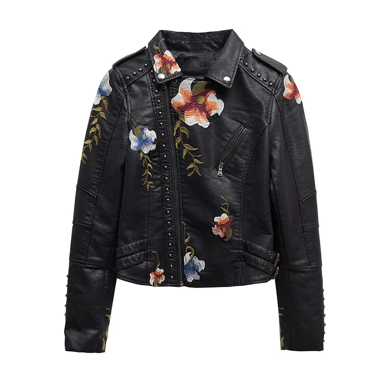 New Women Retro Floral Print Embroidery Faux Soft Leather Jacket Coat Turndown Collar Pu Biker Black Rivet Punk Outerwear A1008