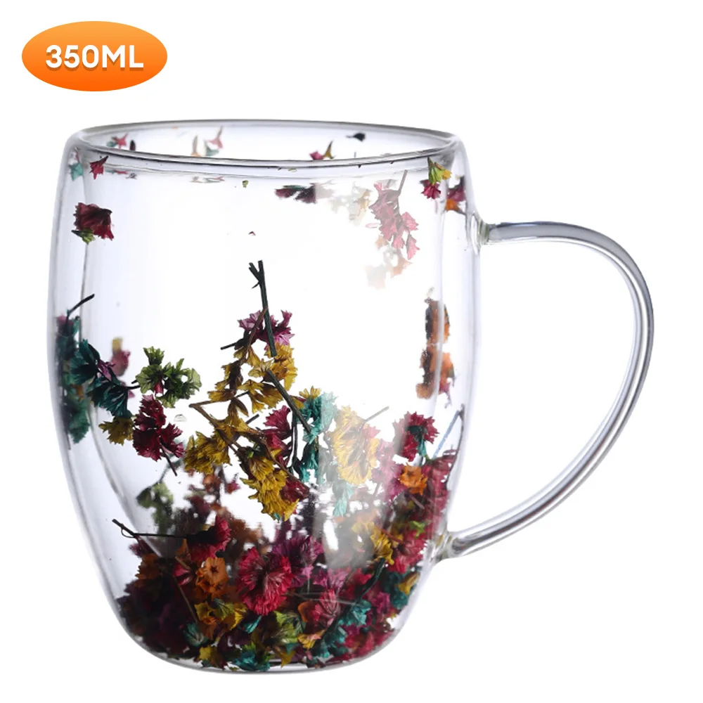 Flower Teas Cup Double-Layer Glass Mug With Handle Heat Heat Resistant Coffee Cups Espresso Milk Mug Double Wall Glass Cup