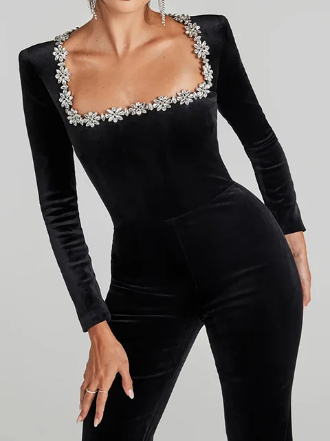 Women Spring Holiday Slim Fit Long Sleeve Velvet Jumpsuits Solid Square Collar Elegant Flare Pants Casual Ladies Playsuits 2025 1