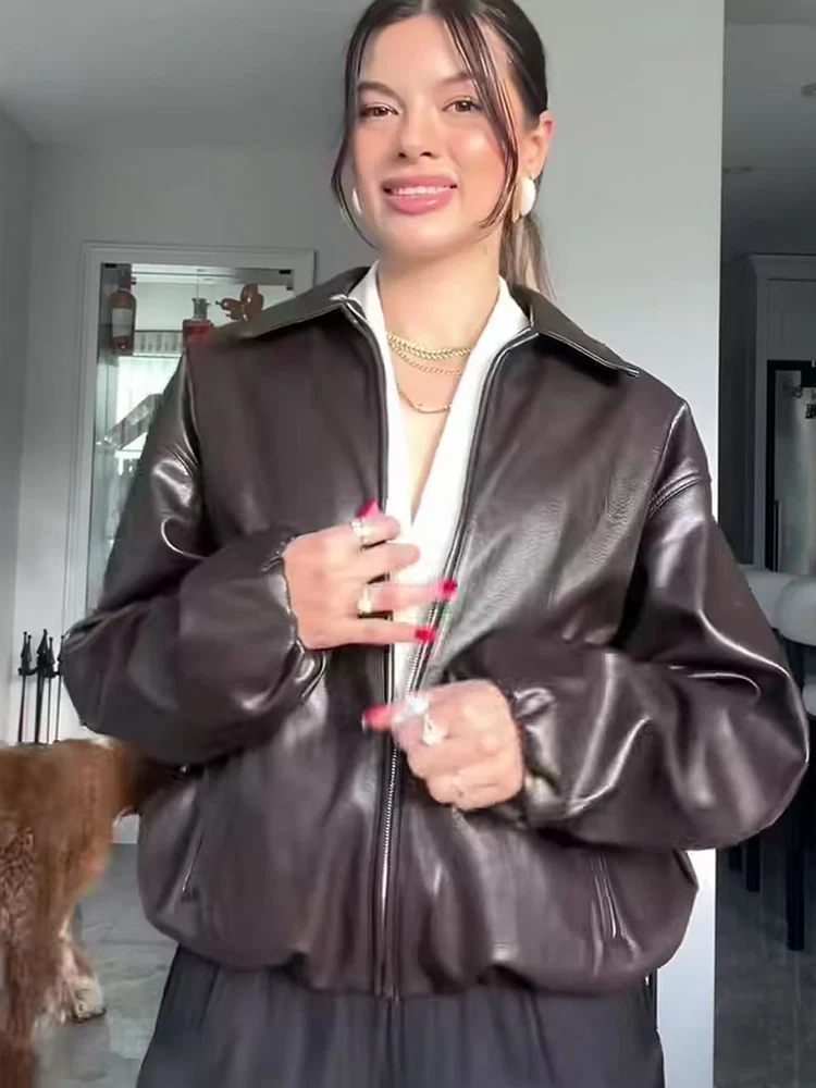 PU Leather Jackets For Women Fashion Streetwear Zipper Bomber Jacket Coats Autumn New Casual Loose Lapel Bomber Outerwear