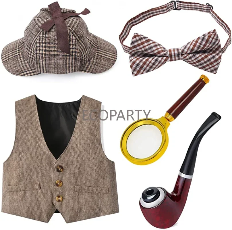 Kids Detective Costume Boys Formal Suit Vest Beret Detective Hat Accessories Set for Halloween