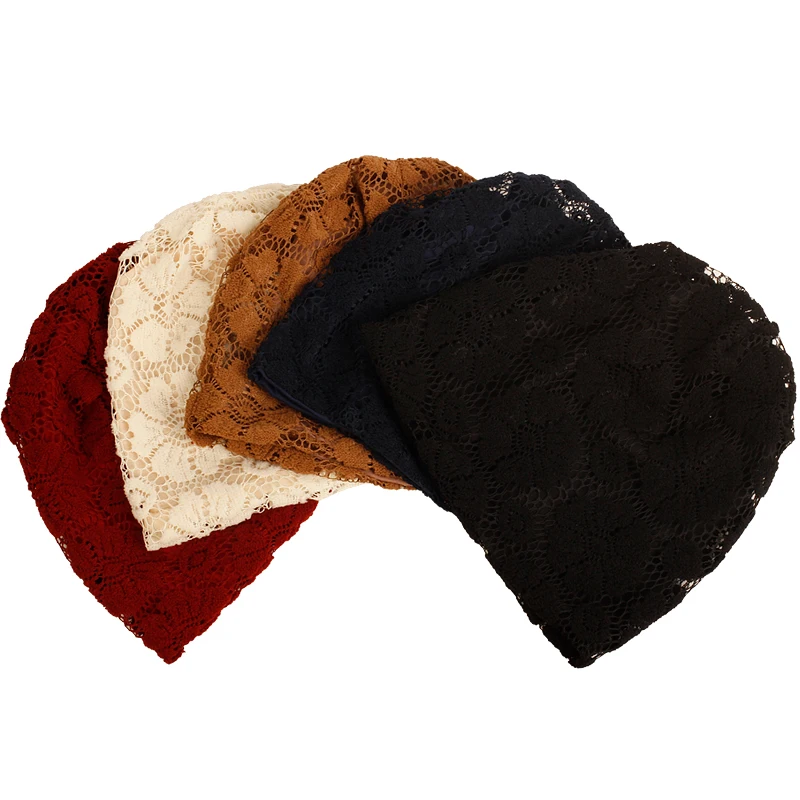 

Women's Flowers Lace Beanie Hats Spring Autumn Head Hood Breathable Hollow Turban Hats Pregnant Women Cap Bonnet Femme Gorro