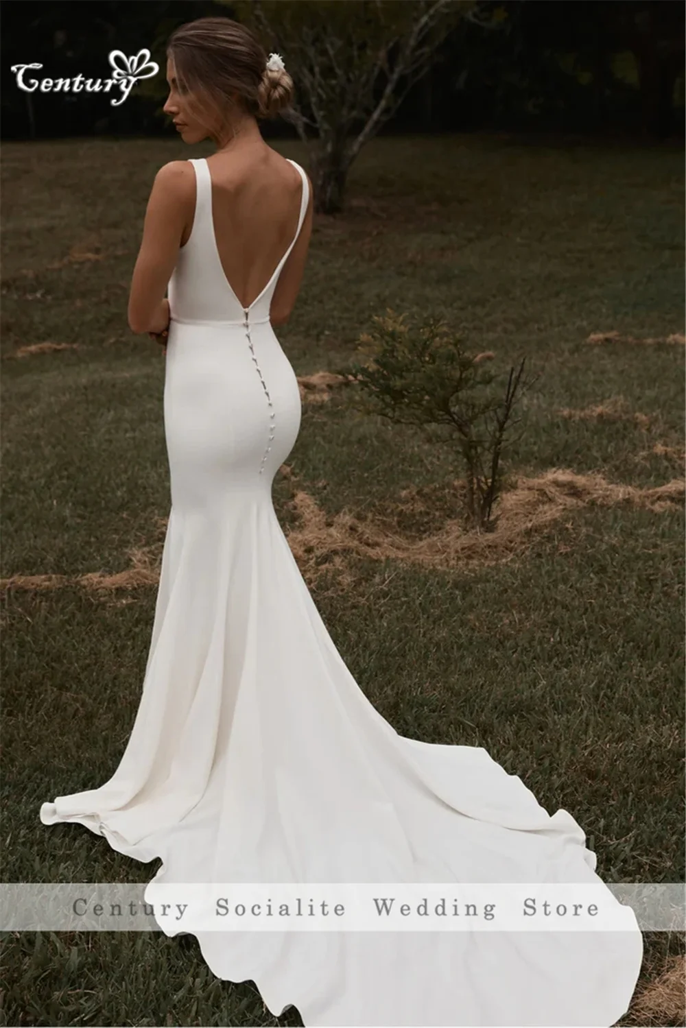 Backless Mermaid Wedding Dress Women V-Neck Side Slit Crepe Civil Bride Dresses Boho Bridal Gowns Vestidos de Novia Customized wedding dresses