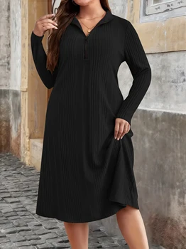 Plus Size Ribbed Knit Dress, Zip Front Round Neck, Elegant Solid Color, Long Sleeve Winter Dress