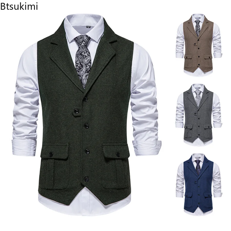 2023Men's Wool Suit Vest Solid Causal Retro Waistcoat Vests Slim Fit Formal Vests Male Solid Lapel Single Breasted Men Vests Top