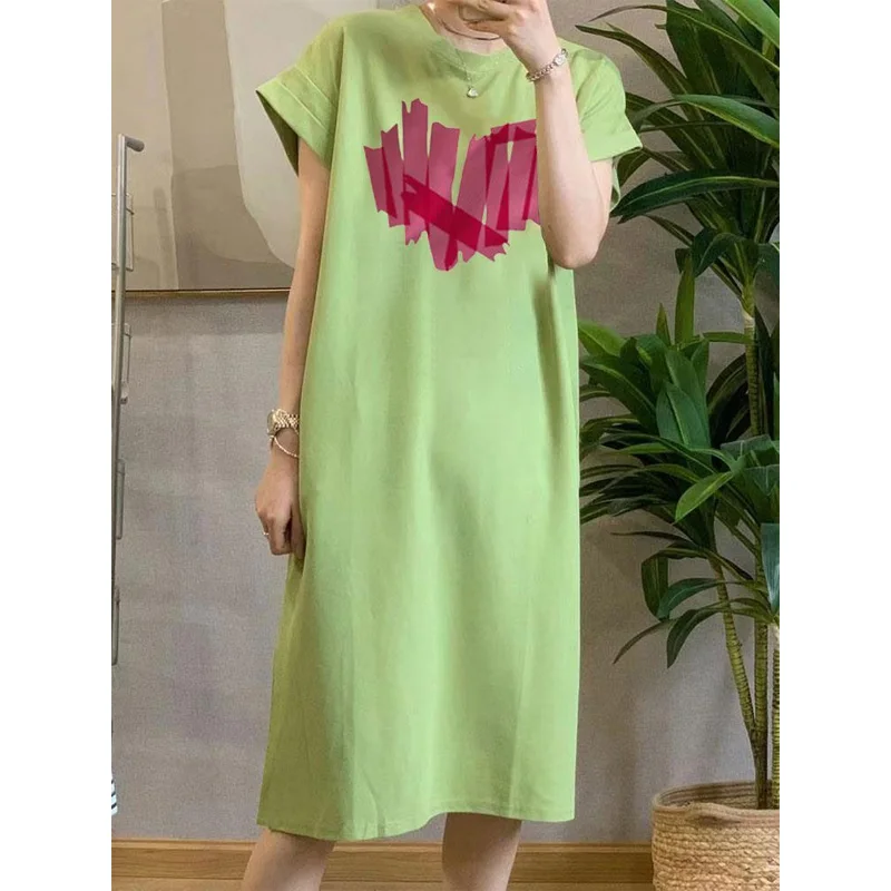 

2023 New Summer Simple Round Neck Peach Heart Print Casual Loose Covering Meat Outerwear Home Furnishing Women's T-shirt Skirt