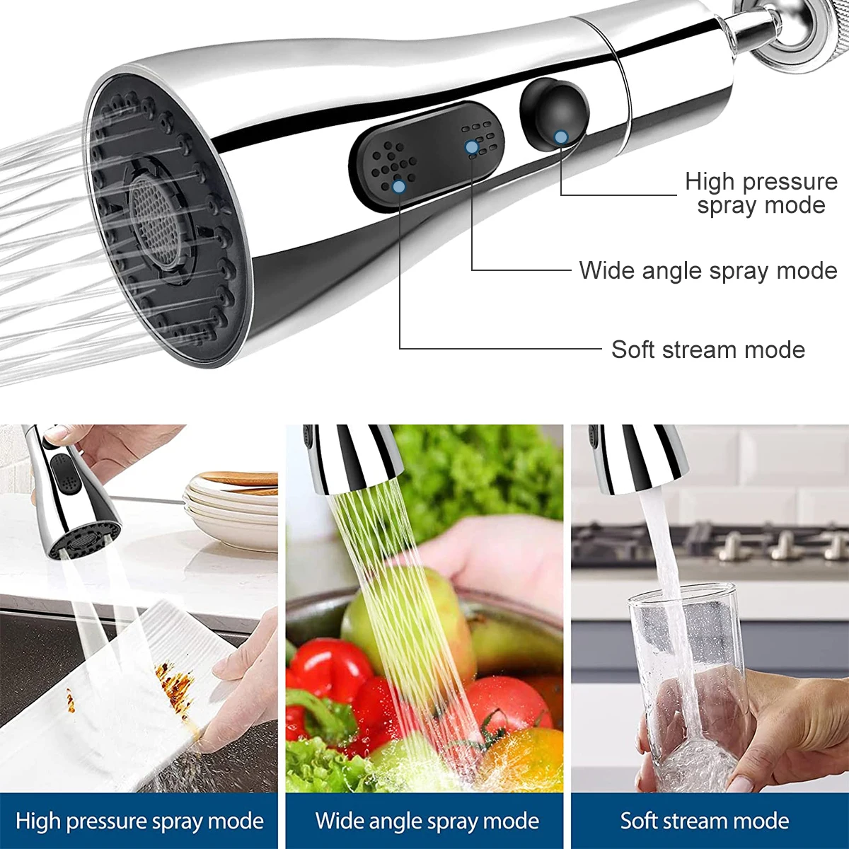 360&deg; Swivel Kitchen Faucet Head Replacement 3 Working Modes Movable Kitchen Tap Nozzle Flexible Faucets Sprayer Gadgets