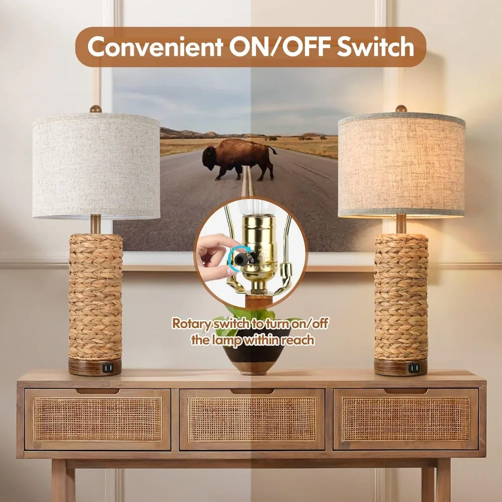 Set of 2 Rattan Table Lamps for Living Room with 2 USB Ports, 27in Tall Bedroom Lamp ,  E26 Socket&Rotary Switch, No Bulb 5