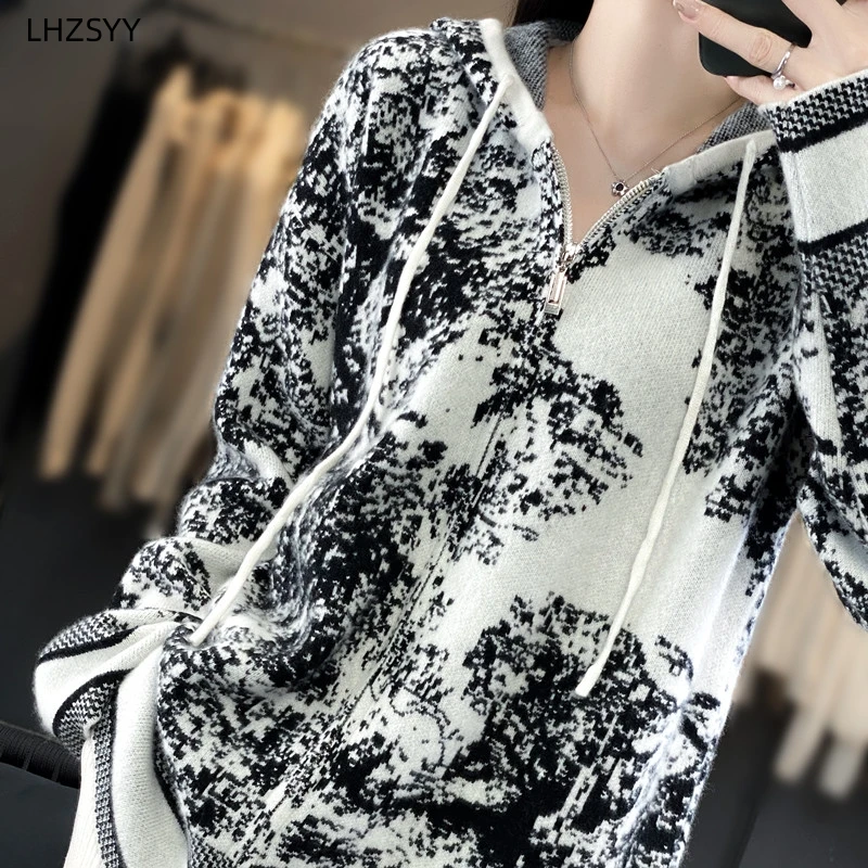 LHZSYY 여성용 후드 캐시미어 스웨터, 지퍼 니트 가디건, 가을 겨울, 신상 그래피티 코트, 따뜻한 라지 사이즈 셔츠, 숙녀 재킷