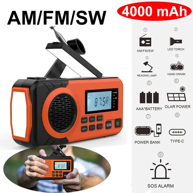 LOTOTG Portable Emergency Solar Power Radio Hand Crank Charging AM/FM Weather Radio Led Reading Flashlight Bank Phone Charger 8