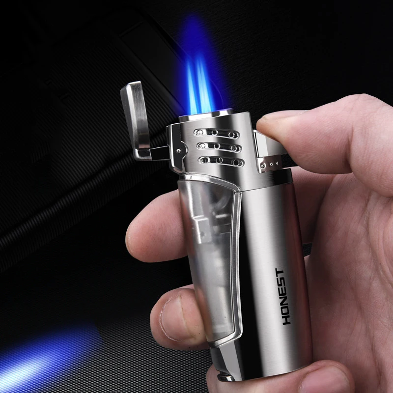 New Personalized Creative Three Fire Blue Flame Lighter High-Power Metal Windproof Cigar Cigarette Accessories Men's Gift