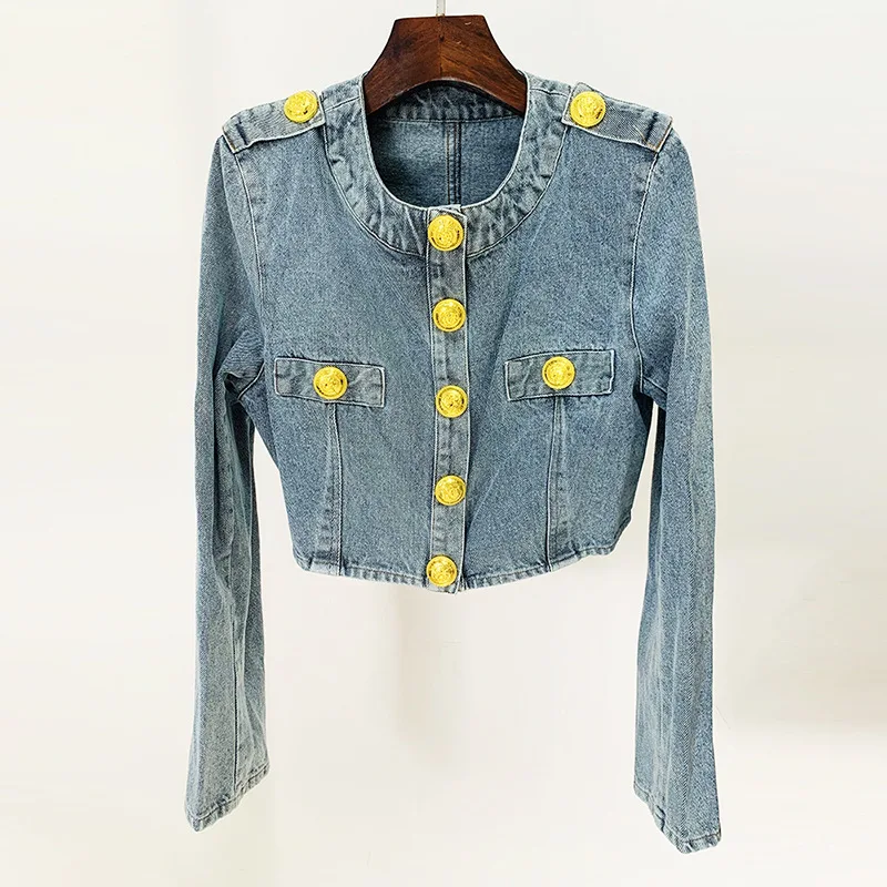 

2023 European and American Fashion New Round Neck Long Sleeve Lion Button Short Fit Washed Denim Jacket Coat Women