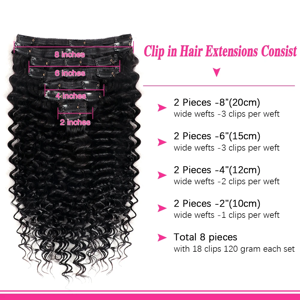 18 Clips In Hair Extensions Natural Color Brazilian Deep Wave 100% Human Hair 8 Pieces 12-32 Inches Hair Extension for Women 2