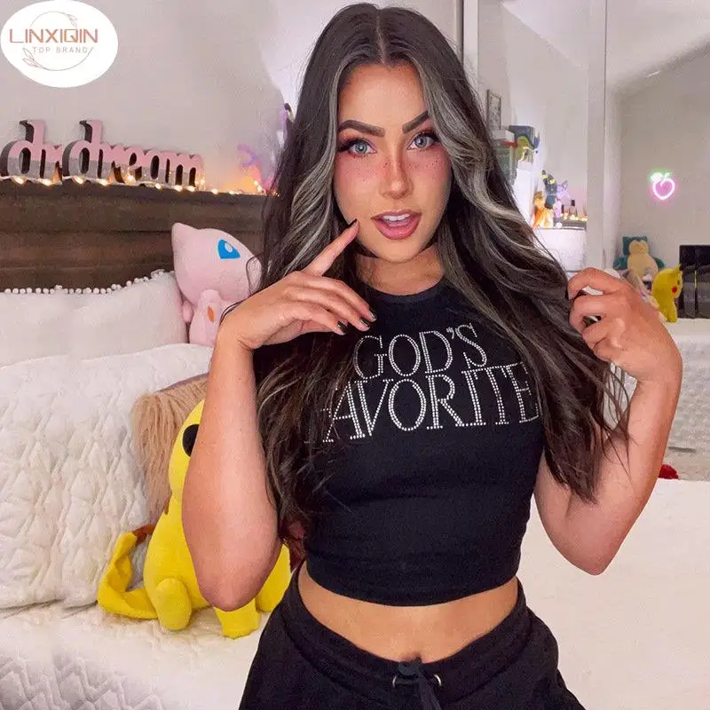 

LINXIQIN Letter Rhinestone Crop Tops Black Y2k Streetwear Sexy Short Sleeve Tight Tshirts For Women Baby Tee 90s