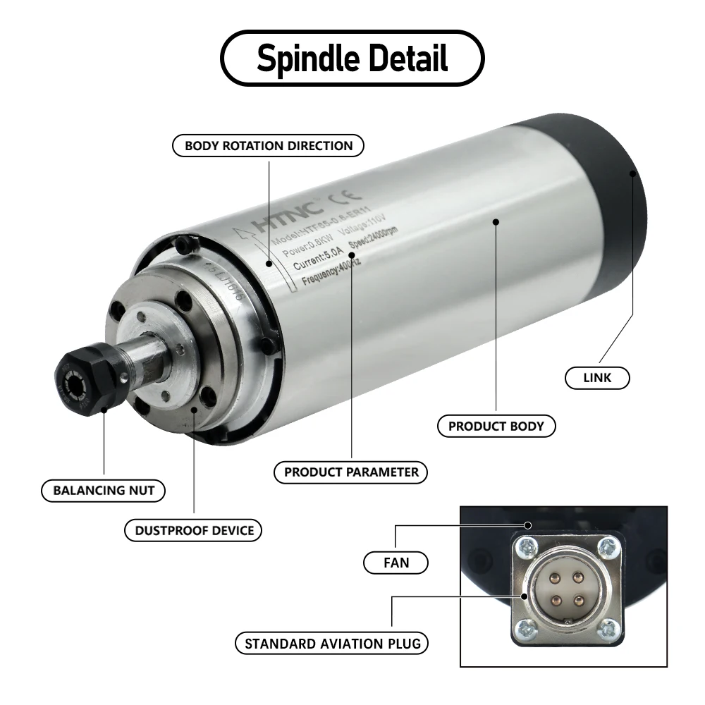 2.2KW 1.5kw 0.8kw CNC Spindle Motor 110v / 220v 2200W 1500w 800w 400hz Air Cooling Round Spindle 24000RPM For CNC air cooled spindle motor