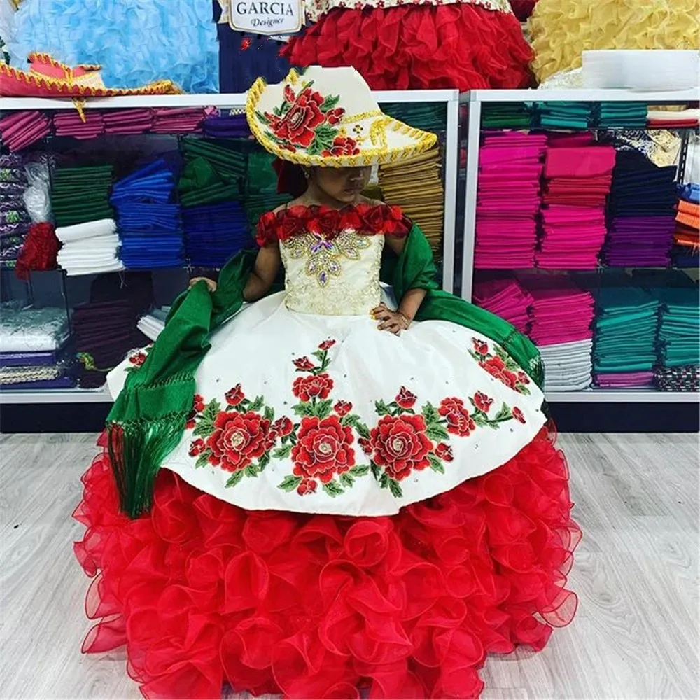 

Red Mini Quinceanera Dresses Ball Gown Organza Ruffles Appliques Flower Girl Dresses For Weddings Mexican Pageant Dresses Baby