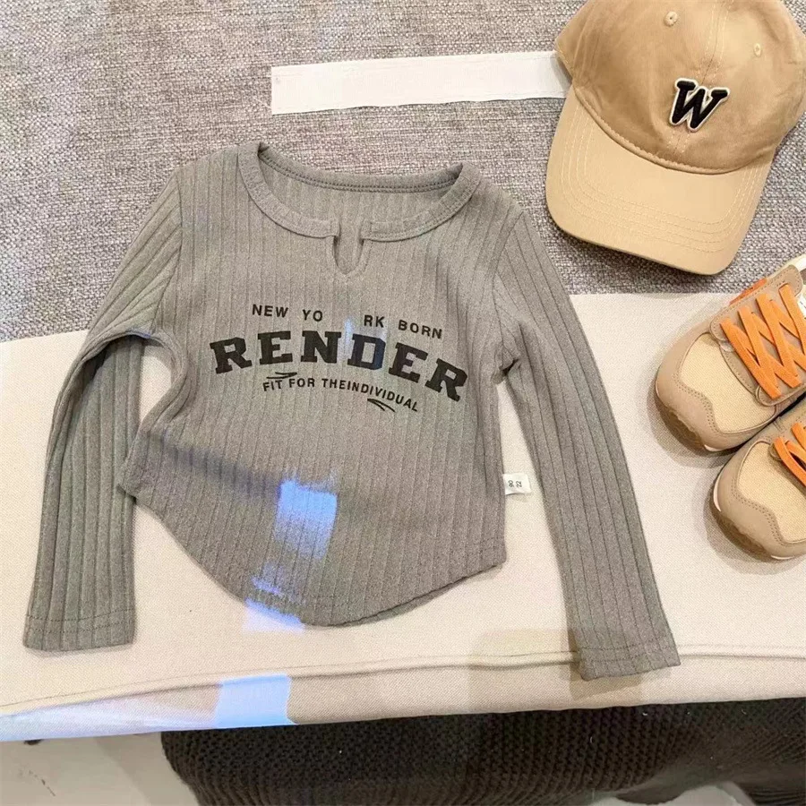 여아용 용수철 긴팔 티셔츠, 용수철 여아, 스레드 슬림, 한국 문자 베이스 셔츠..