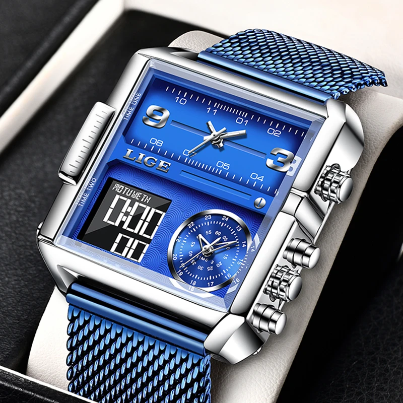 

New LIGE Fashion Man Quartz Watch Top Brand FOXBOX Sports Wrist Watch Luminous Waterproof Dual Display Clock Watches For Men