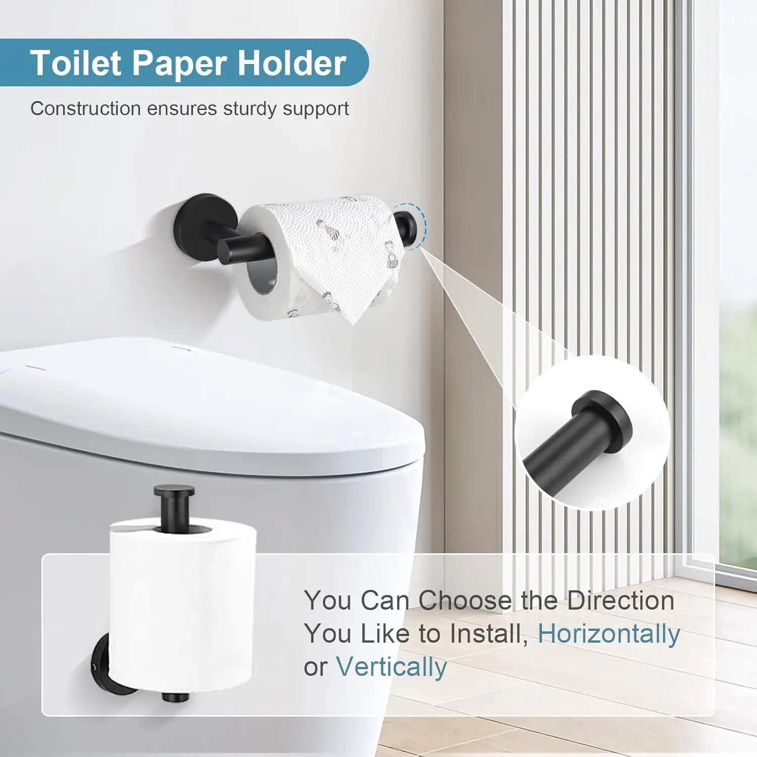 Matte Black Bathroom Hardware Set. 10-Pieces. SUS304 Stainless Steel. 23.6" Round Towel Bar, Racks. Wall Mounted.