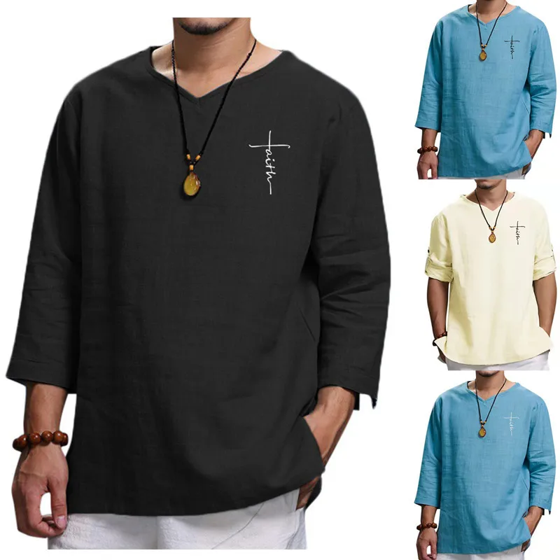 

Men's V Neck Cotton Linen Shirts for Man Summer New Solid Printed Long Sleeve Breathable Casual Loose T-Shirt Male Blouse Tops