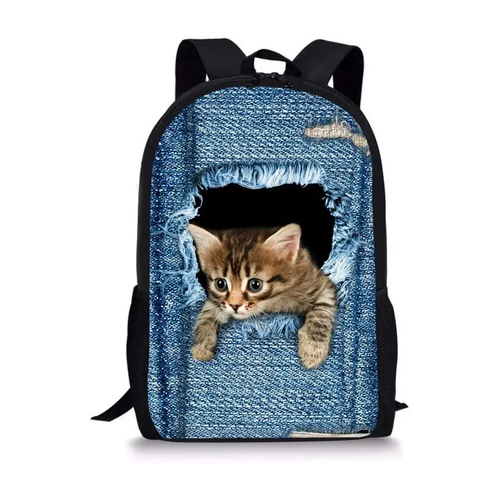 

Cute 3D Cat Denim Print Kids Backpack for Girls Boys Bookbag Orthopedic Casual Travel Rucksack for Children Student School Bags