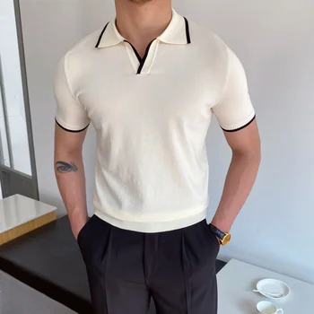 Polo da uomo T-shirt a maniche al gomito Colletto polo alla moda Slim-Fit Abbigliamento da uomo Polo sportiva in lana Tee Shirt Uomo Camicia da golf EUR
