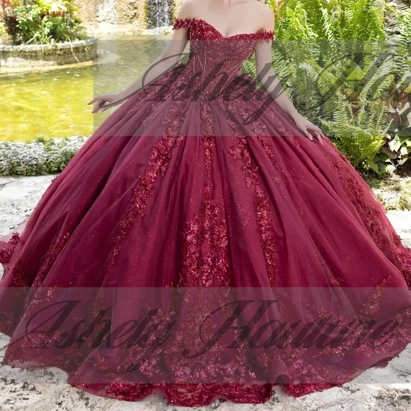 Mexican Wine Red Women Birthday Party Dresses Ball Gown Lace Applique Bow Vestido De xv Anos 15 Quinceanera Prom Wear