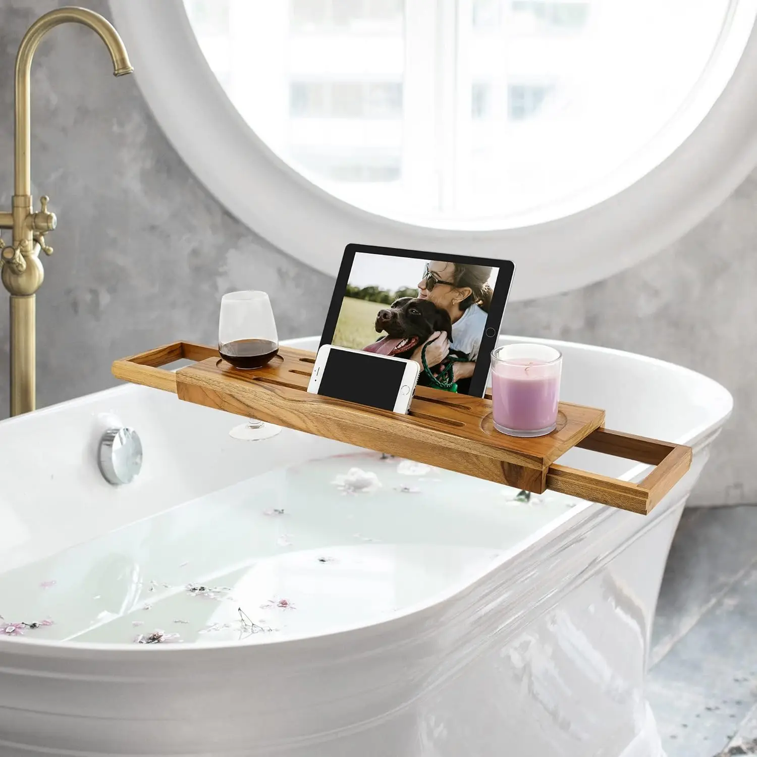 Teak Bathtub Tray Caddy-Expandable Bath Tray-Adjustable Organizer for Bathroom Luxury Bath Caddy Tub Table, Bathtub