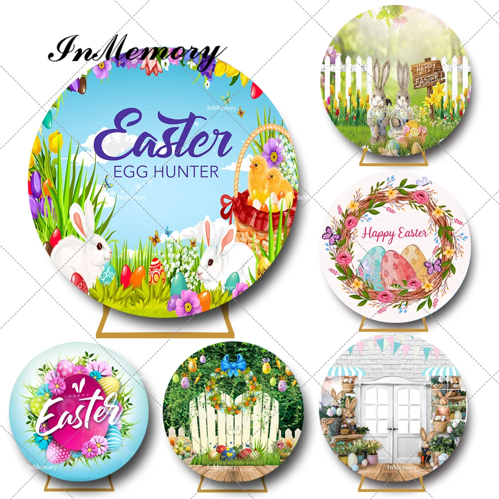 

Happy Easter Round Circle Backdrop Cover Spring Garden Rabbit Flower Bunny Baby Portrait Photography Background Elastic Custom
