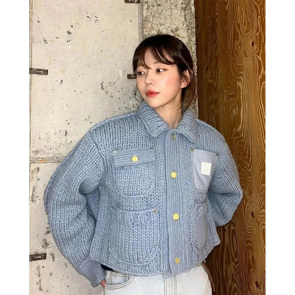 

Оригинальный высококачественный 23 осенне-зимний тяжелый короткий жакет крупной вязки в стиле ретро крупный вязаный джемпер