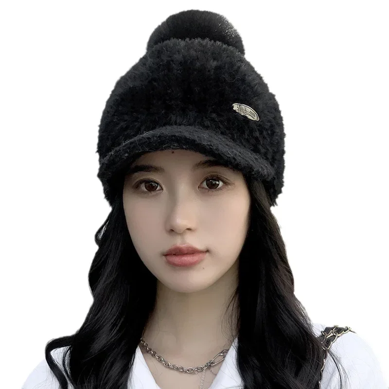 겨울 여성용 야외 방풍 양모 모조 볼 모자, 두꺼운 캐시미어 M 야구 모자, 보온성 유지 모자