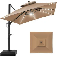 10x10ft 2-Tier Square Cantilever Patio Umbrella with Solar LED Lights, Offset Hanging for Backyard w/Included Fillable Base 1