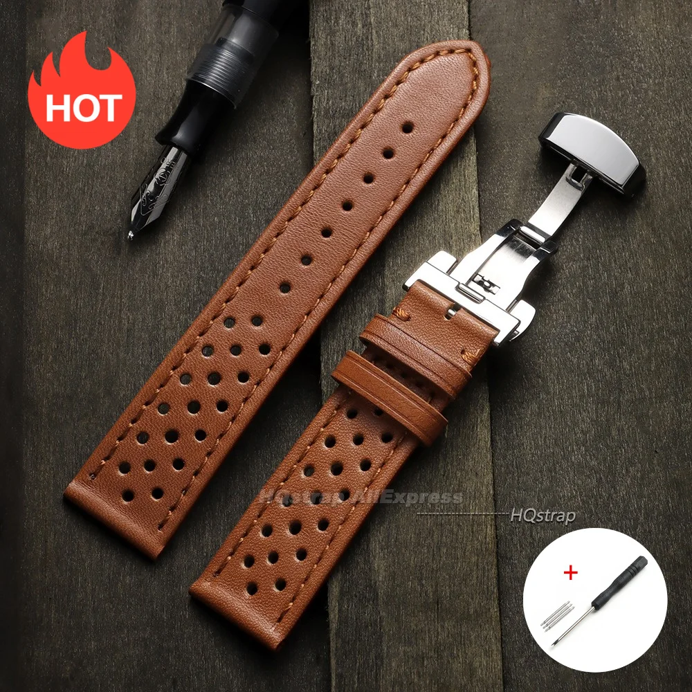 Breathable Leather Watch Strap with Quick Release and Butterfly Buckle