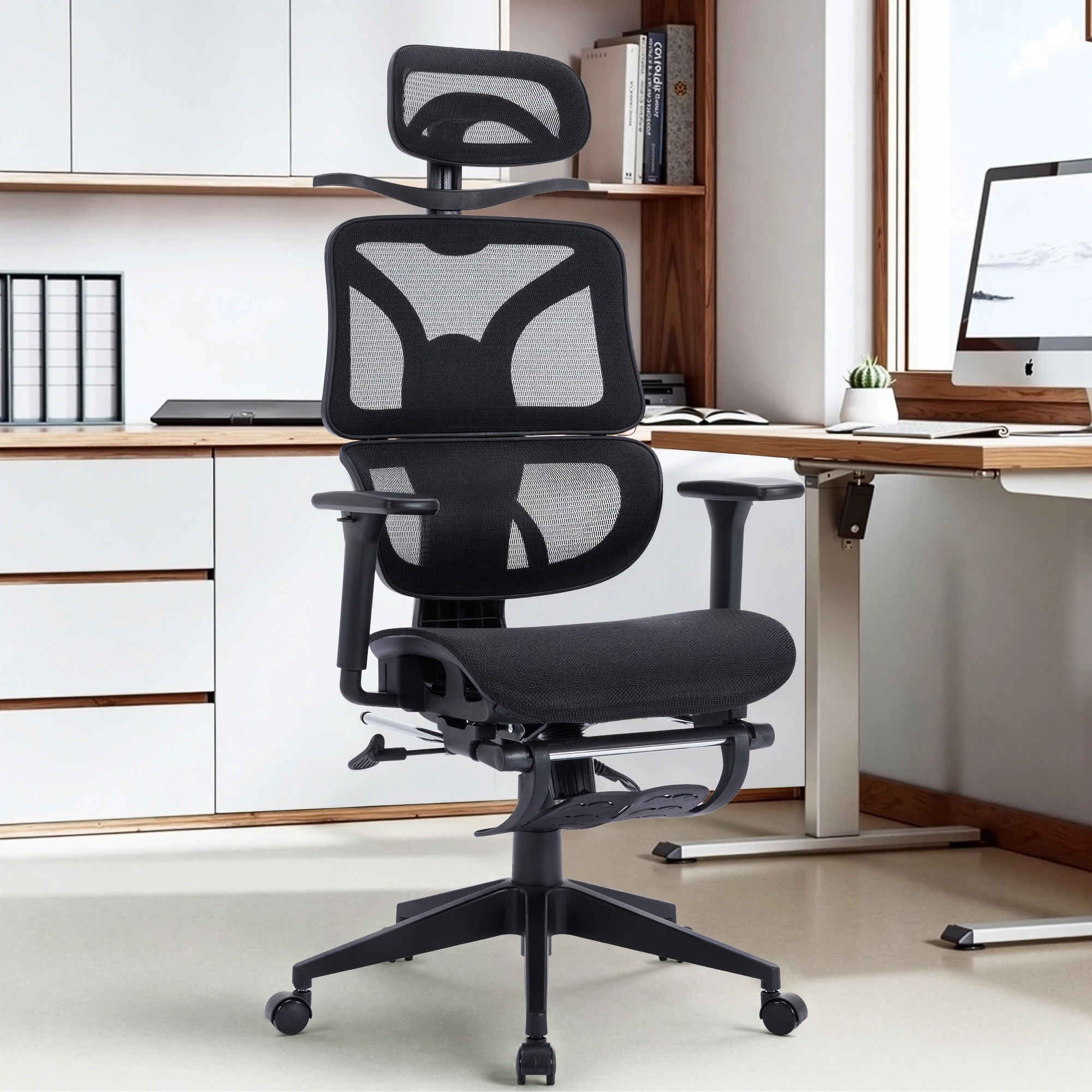 VECELO Ergonomic Office Chair Adjustable Lumbar Support Black Office Mesh Chair with Padded Arms Headrest Footrest 3