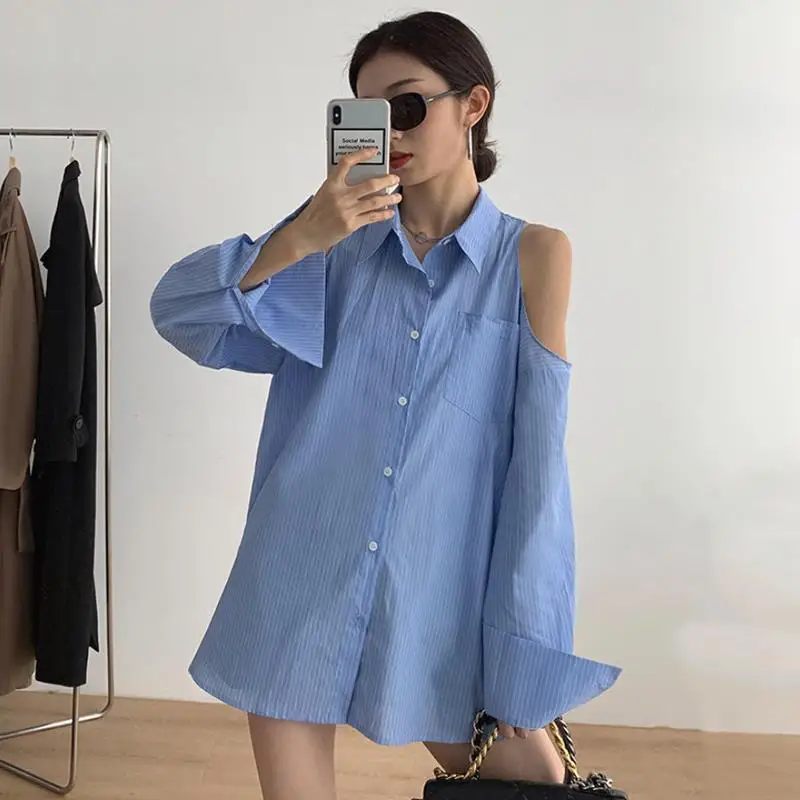 

2023 New Women Shirts Long Sleeve Stripes Off-shoulder Fashionable Harajuku Streetwear All-match Teen Casual Loose Bf Style