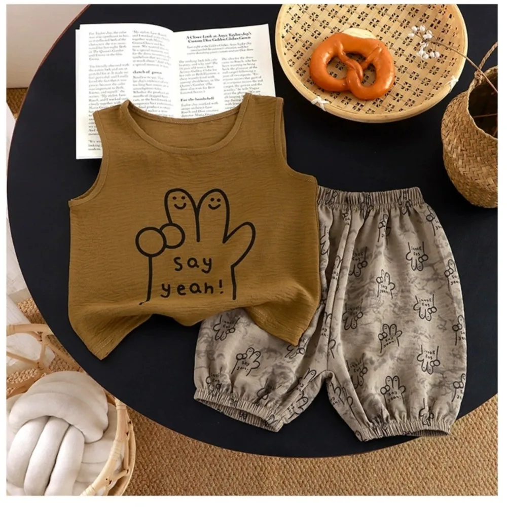 Kids "Say Yeah" Cartoon Hand Print Tank Top Shorts Set Toddler Boys Summer Outfit Sleeveless Vest with Pants Children's Clothing