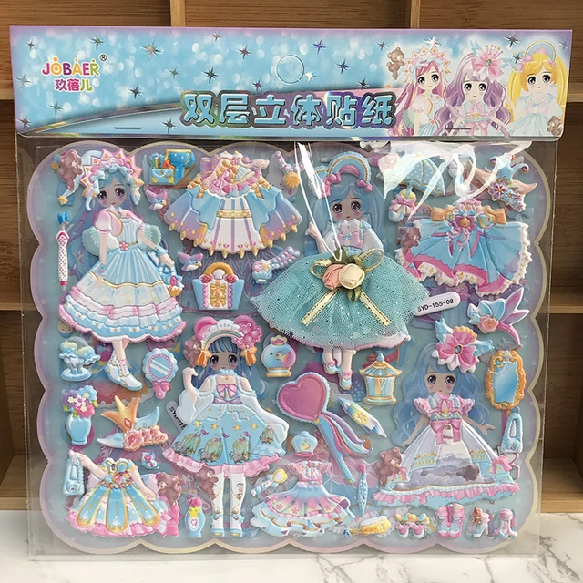 Crianças Vestir Boneca Adesivos, Dupla Camada, 3D Princesa, Desenho Animado  Etiqueta de Papel, Menina Kawaii Traje