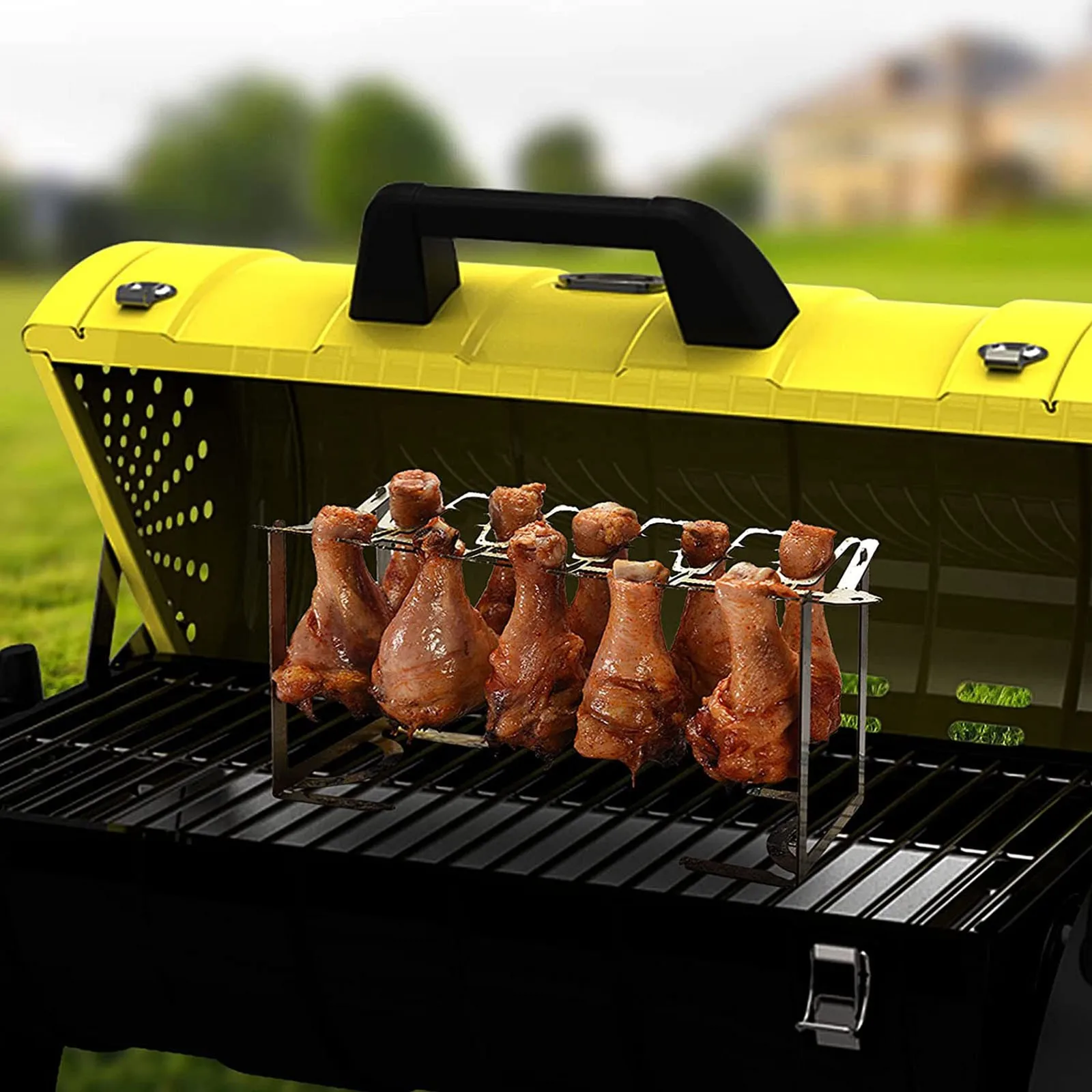 Collapsible Stainless Steel Barbecue Roaster Stand Tray Chicken Wing Leg Rack Grill With BBQ Pan