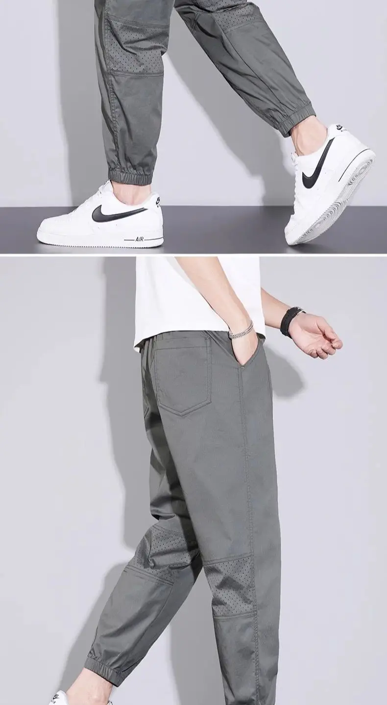 Description Picture 6 of itemSummer Solid Color Fashion Elastic Waist Ankle Length Pants Man High Street Pockets Patchwork Drawstring All-match Cargo Pants