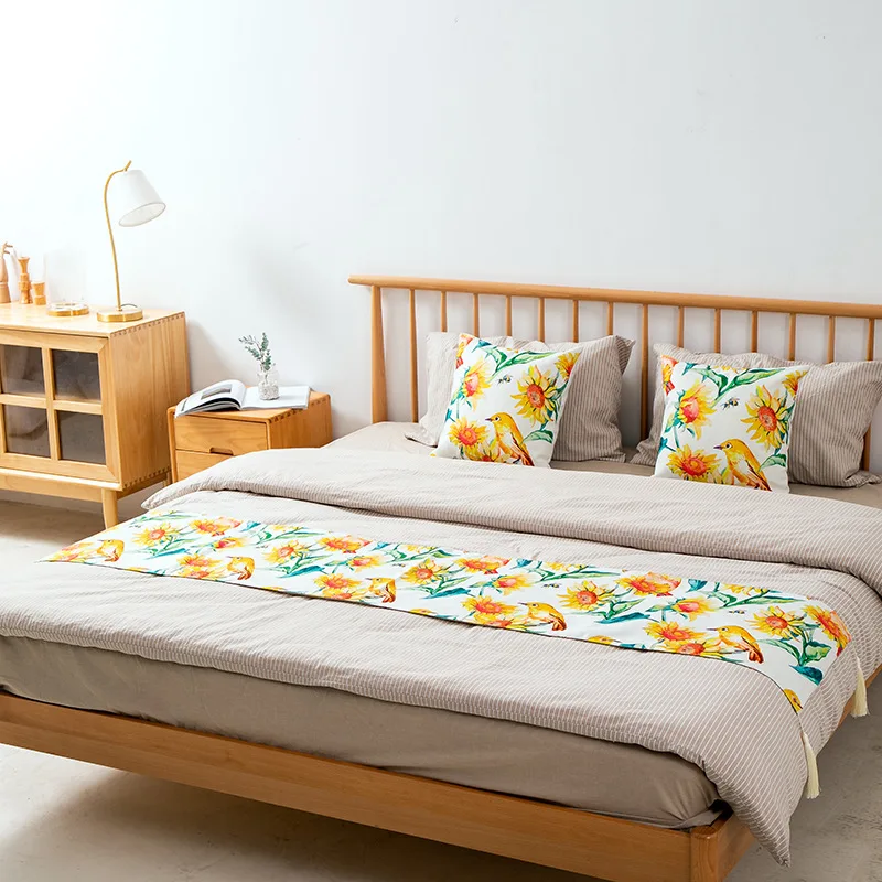 

Rural Style Flower Bird Thickened Bed Flag Cotton Linen Printed Hotel Homestay Bed Cover Minimalist Comfortable Bedside Towel