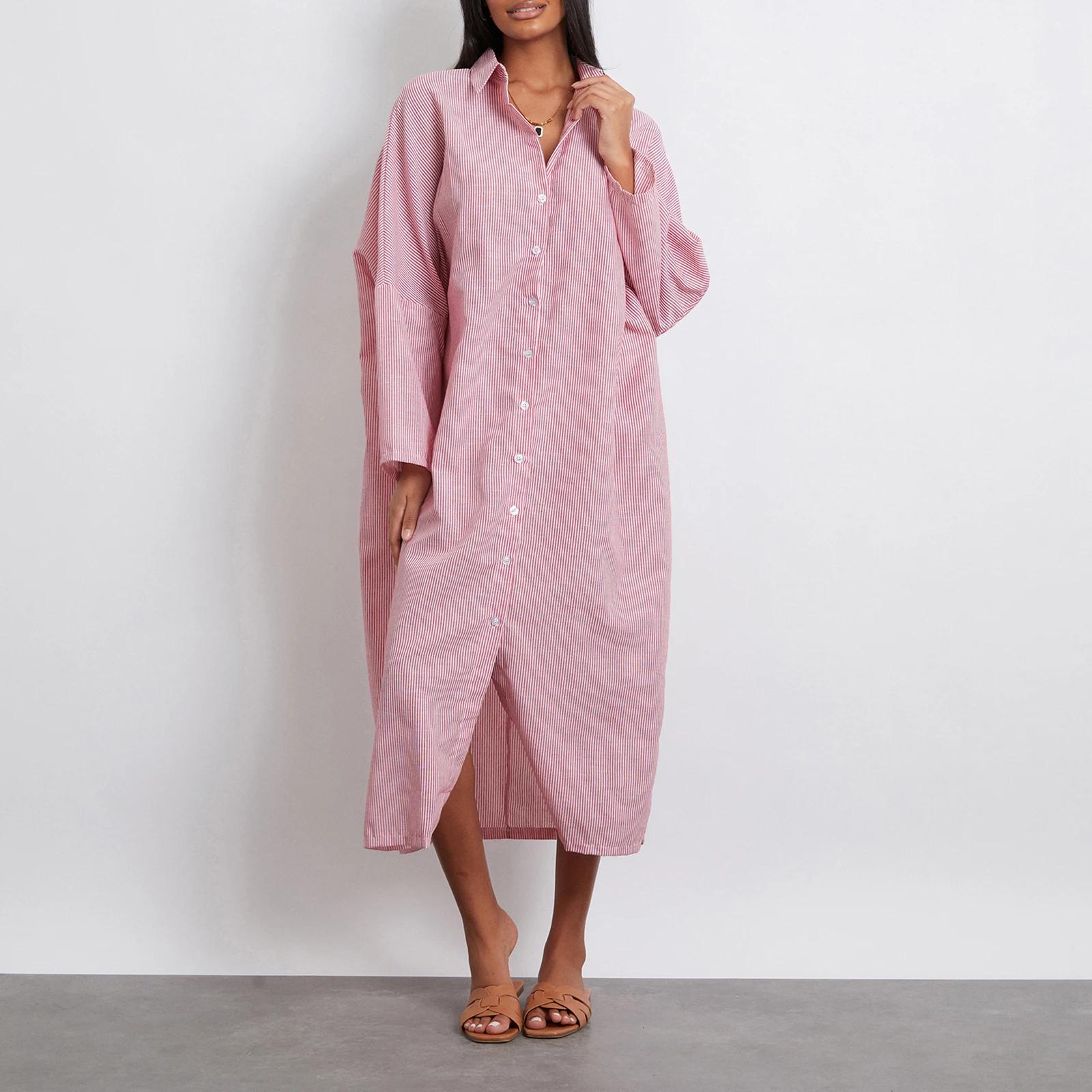 

Women Shirt Dress Casaul Vintage Striped Print Long Sleeve Turn-down Collar Loose Dress Split Hem Summer Autumn Streetwear