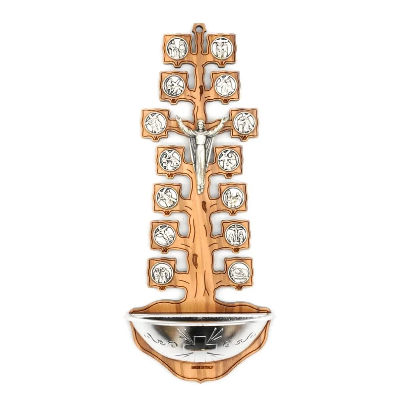 14 Bitter Road Holy Water Pools Olive Wood and Metal Tree Wooden Wall Cross for Church Home Decor 16.5&times;7cm