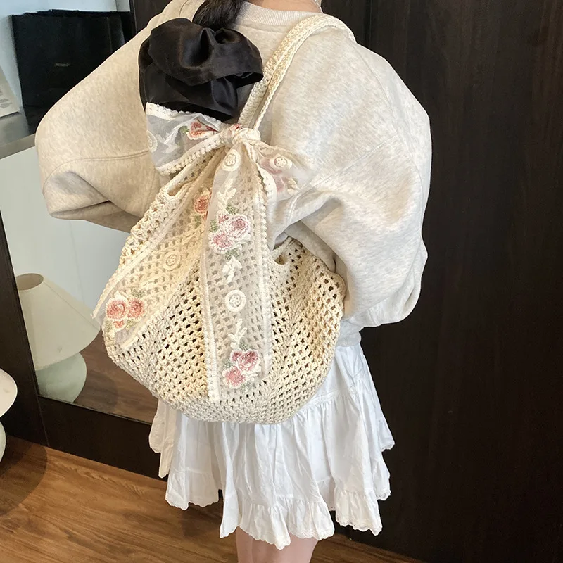 Solid Crochet Tote Handbag Summer Beach Bag Fashion Women's Mesh Woven Shoulder Bags Large Capacity Knitting Underarm Bag