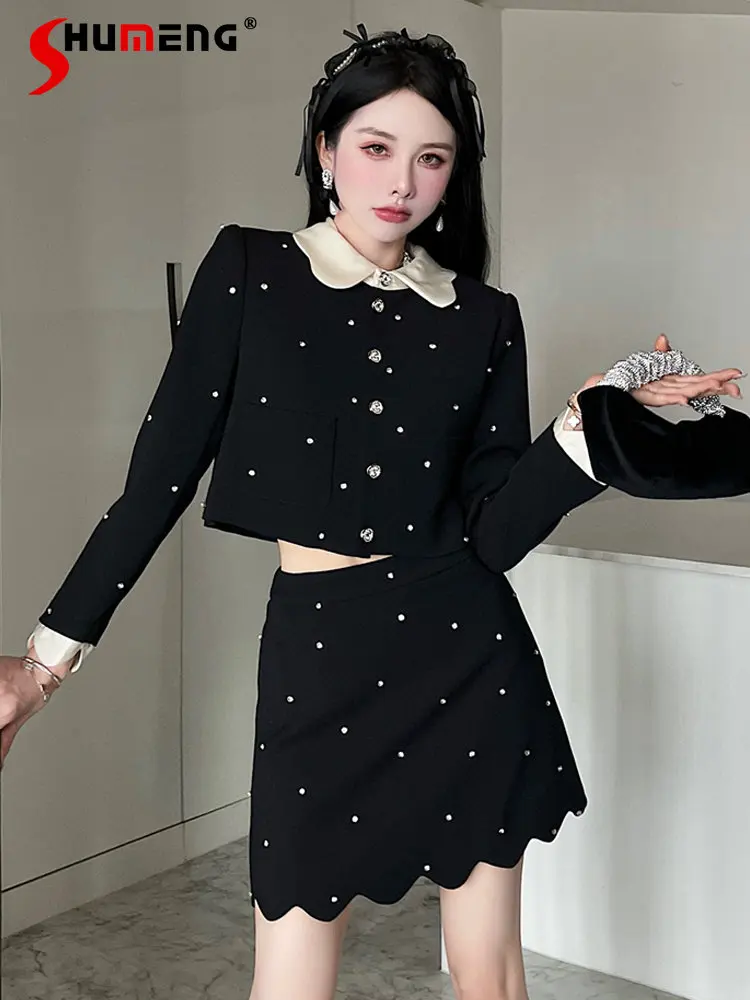 

Autumn Winter New Rhinestone Long Sleeve Clothes Velvet Short Coat Wavy Mini Skirt Quilted Suit Black Elegant Two Piece Set