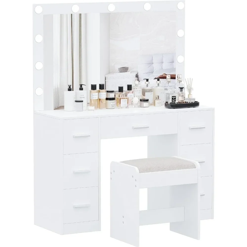 Vanity Desk with Stool, Makeup Table with Lighted Mirror, Brightness Adjustable, Dressing with Drawers, Bedroom Vanity Table Set 6