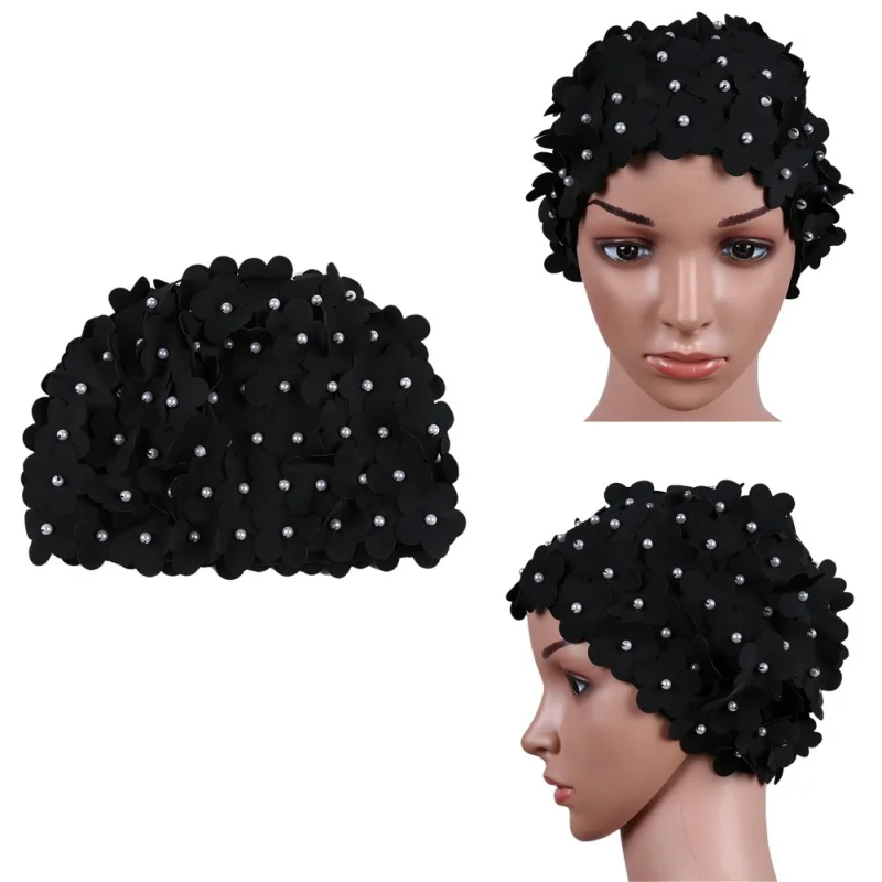 1pc Swimming Cap Women Pearl Sewed Floral Elastic Breathable Quick Dry Bathing Hat Sportswear For Long Hair 4
