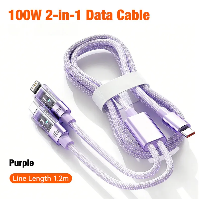 High-Power 2-in-1 100W Fast Charging USB-C to L-Shaped Type-C Cable, 1.2m